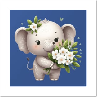 cute  elephant holding a bouquet of white flowers Posters and Art